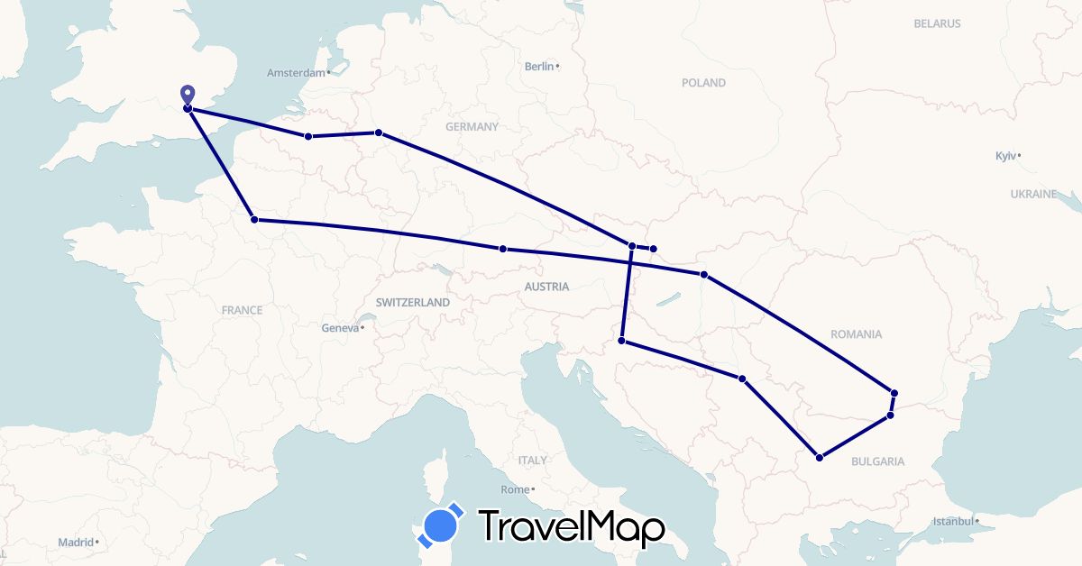 TravelMap itinerary: driving in Austria, Belgium, Bulgaria, Germany, France, United Kingdom, Croatia, Hungary, Romania, Serbia, Slovakia (Europe)